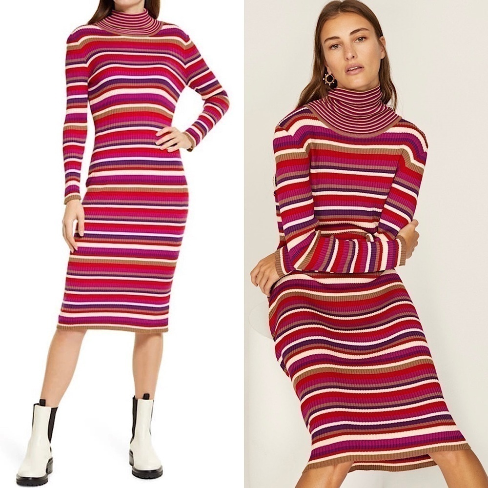 NEW LISA SAYS GAH Rib Knit Striped Long Sleeve Turtleneck Sweater Midi Dress XL